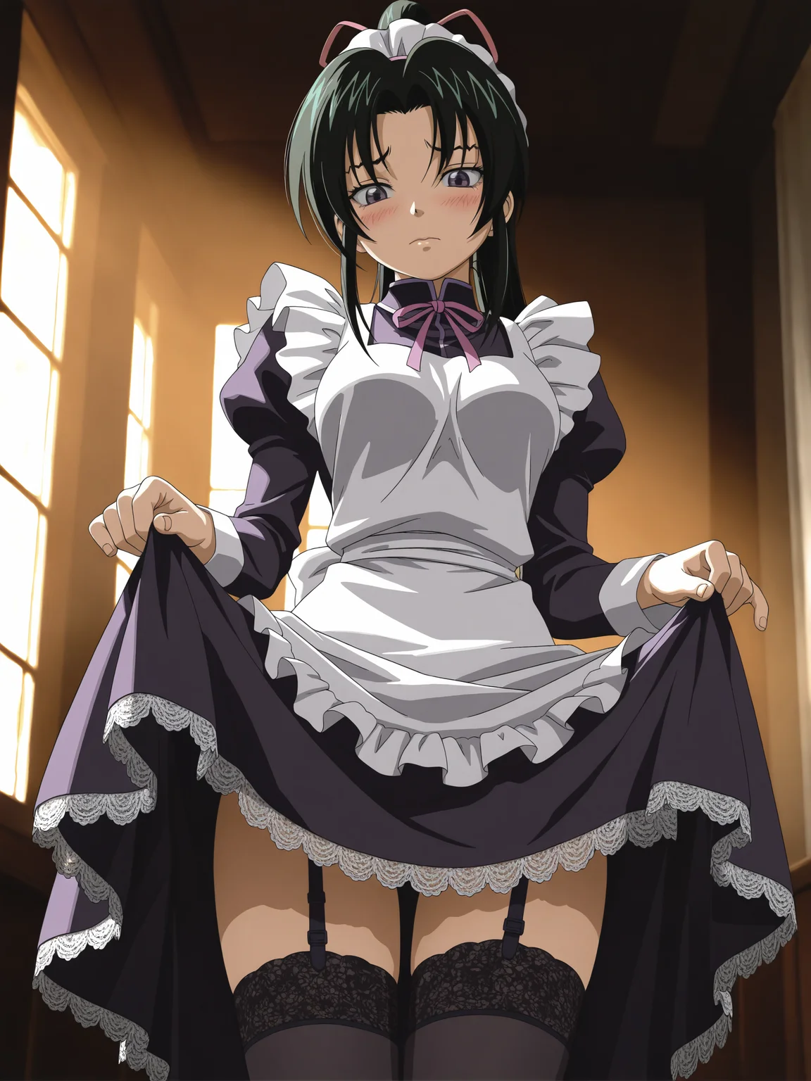 <lora:Shigure Kousaka:1>,shigure kousaka,maid,thighhighs,shy,lazypos,skirt lift,
