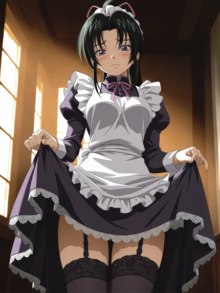 <lora:Shigure Kousaka:1>,shigure kousaka,maid,thighhighs,shy,lazypos,skirt lift,