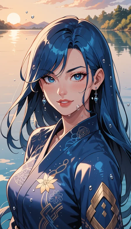 score_9, score_8_up, score_7_up, Western Comics, Portrait, girl, cute, seductive, innocent, light smile:0.3, plump lips, slender body, floating blue hair, long hair, water:0.7, waterdrop, wet, high detailed blue kimono texture, intricate pattern, ultra detailed, textured clothing, softlight passing through hair, sunset, lake background, depth of field, dynamic angle, fashion photography, sharp, hyperdetailed:1.15