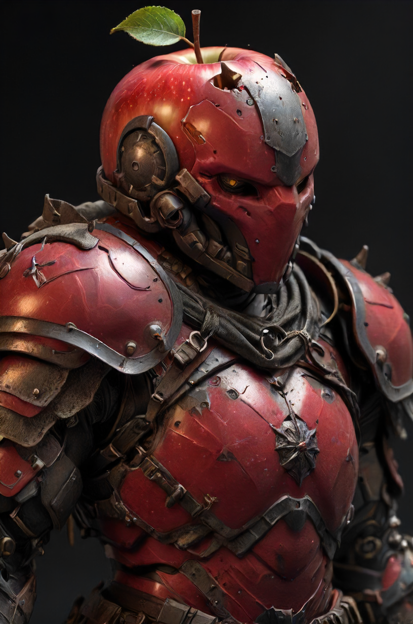 an armored (apple:1.1) that is of military grade quality and is wearing red armor, <lora:- SDXL - hevy_armored_mechvari_V1.5:.8>