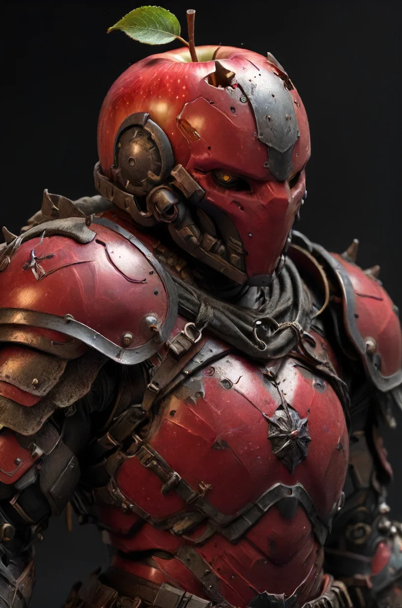 an armored (apple:1.1) that is of military grade quality and is wearing red armor, <lora:- SDXL - hevy_armored_mechvari_V1.5:.8>