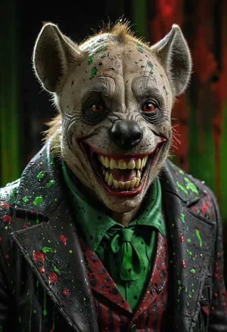 3D rendering, professional DSLR photo of hyena, Joker's iconic makeup, dark imposing coat, maniacal grin, red and green paint splatters, professional lighting, dark blurred background, vibrant atmosphere, close-up intricate details.
