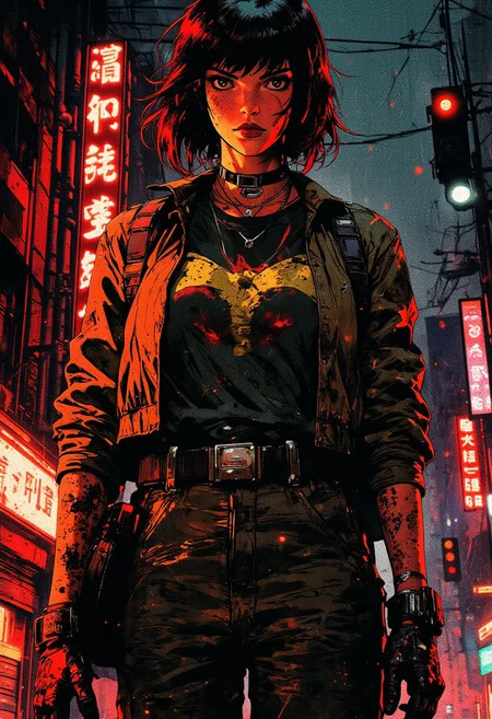 best quality, masterpiece, cyberpunk goth girl, short straight-cut bob, bangs, dark eyeshadow, red lips, headset, leather jacket, anime-themed t-shirt, necklaces, earrings, flying a helicopter over a cyberpunk street at night, neon signs, heavy rain, wet, wet hair, wet skin, wet clothes, bokeh, vibrant, surreal colours, High Definition HD, High Detail, Perfect Composition, mythp0rt