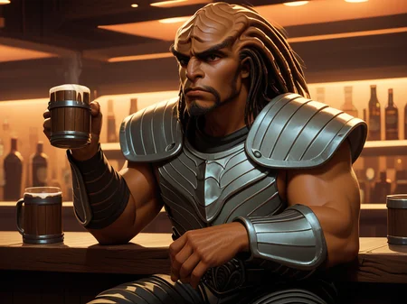 sitting at a bar drinking ale from a large mug <lora:Klingon_v2_pony:1> score_9,score_8_up,score_7_up,score_6_up,score_5_up,score_4_up , 1man, kling0n alien, large forehead ridges, brown skin, large eyebrows, wearing warrior armor,
