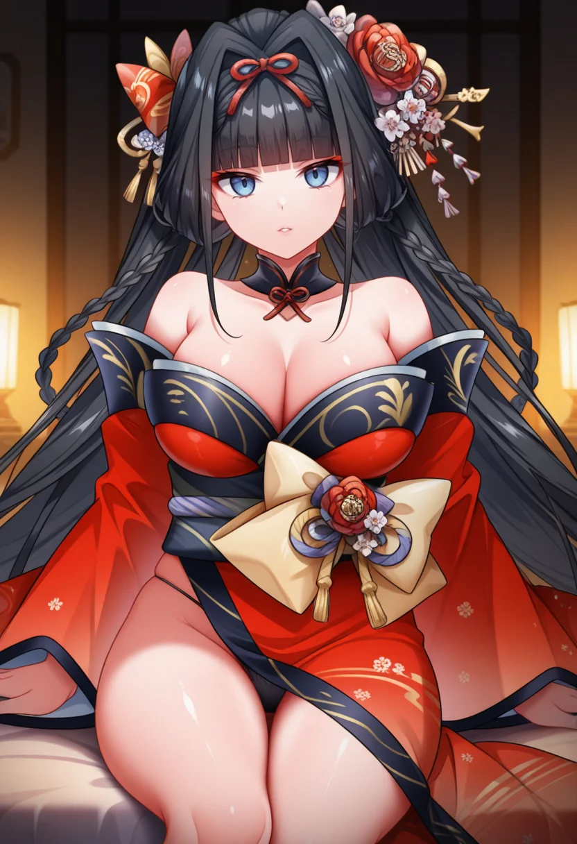 Yukimi, 1girl, solo, long hair, black hair, blunt bangs, hair intakes, sidelocks, hime cut, twin braids, blue eyes, large breasts, hair ornament, hair flower, hair bow, hair pin, hair ribbon, red ribbon, hair stick, red hairband, kanzashi, red kimono, multicolored kimono, wide sleeves, long sleeves, detached sleeves, tassel, sash, obi, sitting, on bed, looking at viewer, seductive, hair over shoulder, side slit, groin, black panties, string panties
BREAK
inside bedroom
BREAK
anime screencap, anime coloring, anime colored background, detailed background, shiny skin, shiny hair, red shine, absurdes, highres, masterpiece, best quality, uncensored, official art, cel shaded, graphic illustration, digital painting, CGI, very detailed, amazing quality, intricate details, dynamic pose, HDR,UHD,8K, Fineline illustration, Highly detailed, ultra-fine painting, sharp focus, physically-based rendering, extreme detail description, Professional, Vivid Colors, Cinematic Lighting, lens flare, moody lighting, Tyndall effect, available light, Volumetric Lighting, rim light <lora:Yukimi-10:1> <lora:add-detail-xl:1> <lora:DetailedEyes_V3:1>