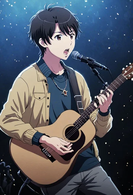 high resolution, solo, best quality, 1Boy, Inaho Kaizuka, Black Hair, Brown Eyes, singing, potrait, dept of field, virtual concert, playing musical instrument, necklace, bracelet, sneakers, OverallDetail