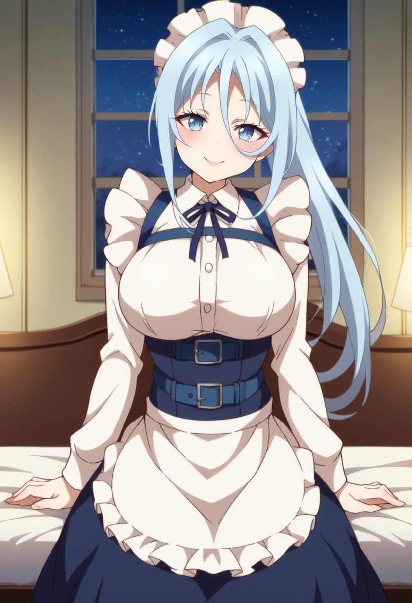 score_9, score_8_up, score_7_up, source_anime BREAK 1girl, solo, looking at viewer, cowboy shot,
<lora:SylphaDwnstyPdxl-000007:0.9>, sylpha_def, blue eyes, blue hair, long hair, ponytail, hair between eyes, light blue hair, frilled dress, multicolored clothes, long skirt, white sleeves, long sleeves, strap, waist apron, maid headdress, underbust, blue belt, blue harness, chest strap, neck ribbon, 
large breasts, smile, anime coloring, skindentation, naughty face, puckered lips, blush, lips, head tilt,
indoors, bedroom, sitting, window, starry sky,
 <lora:7thPrinzIsekaiDwnstyArtstyle:1>