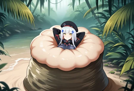 NSFW, looking down, masterpiece, best quality, amazing quality, very aesthetic, score_9,score_8_up, score_7_up, score_6_up, BREAK, official art, solo, outdoors, upper body, (portrait:1.5), looking at viewer, facing viewer, blush, hk416 (girls' frontline), hat,beret, black headwear, very long hair, white hair, x hair ornament, sidelocks, blunt bangs, green eyes, facial mark, teardrop, military jacket, purple jacket, clothes writing, uniform, white gloves, long sleeves, black sleeve, german flag, large breasts, skindentation, <lora:HK416(gf)-Pony:1.3>, (score_9, score_8_up, score_7_up, score_6_up, score_5_up, score_4_up), source_anime,<lora:vore_lower_body-2:1>, slime creature, restrained, being eaten, vore, Like like, monster, <lora:Like like illus:1>, arms out, arms behind head, Creature massaging her, (jungle:1.2), (blushing), looking down, palmtree blurry background depth of field, (from above:1.3), seductive smile
