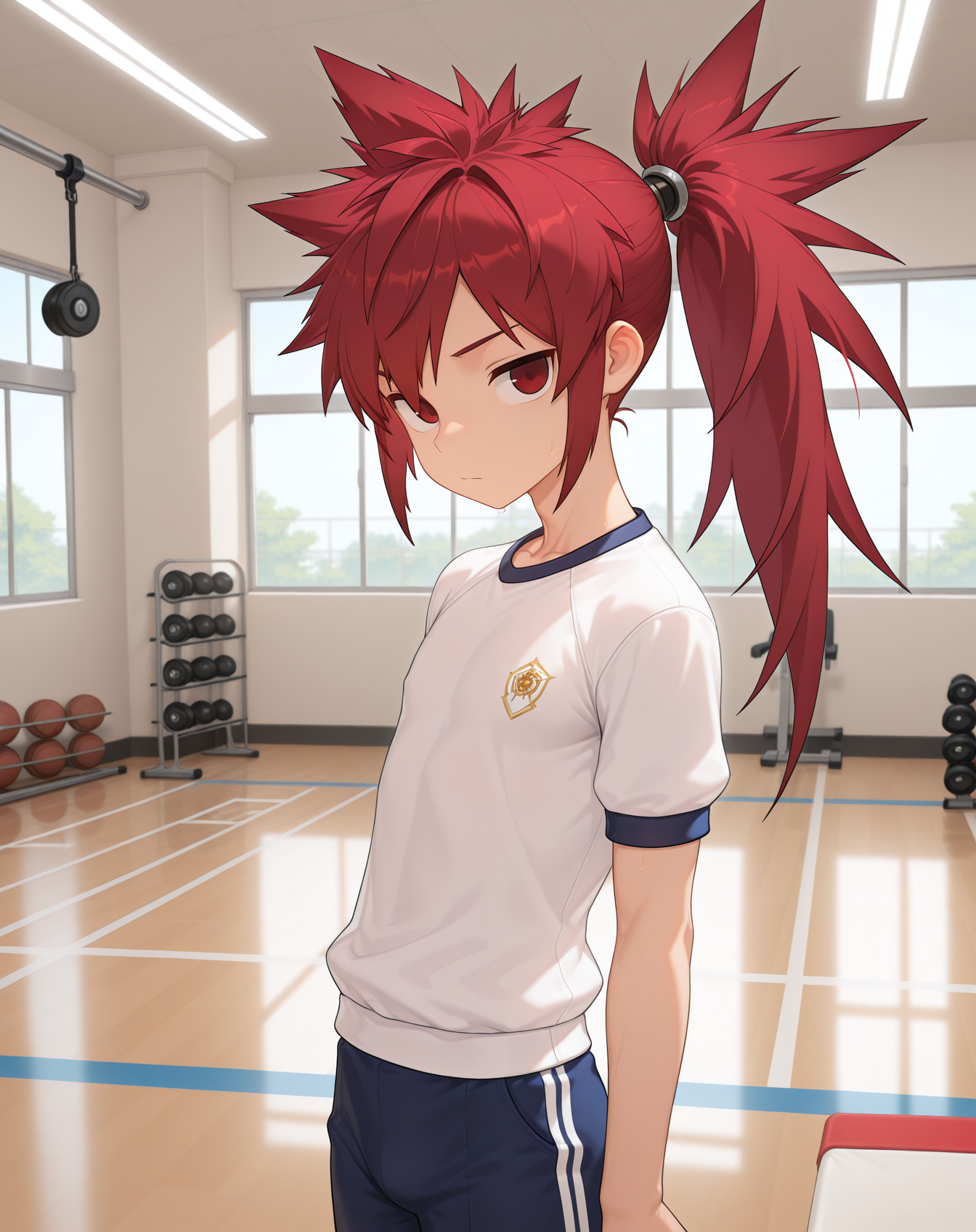 masterpiece,best quality,amazing quality, newest, very aesthetic, absurdres,
1boy, solo, yaoi, male focus, looking at viewer, cowboy shot, standing,
 <lora:Elsword_Sheath_Knight_ilxl:1>   elswordsk, red hair, red eyes, spiked hair, long hair, ponytail,
gym uniform, gym shorts, gym shirt,
indoors, gym,
