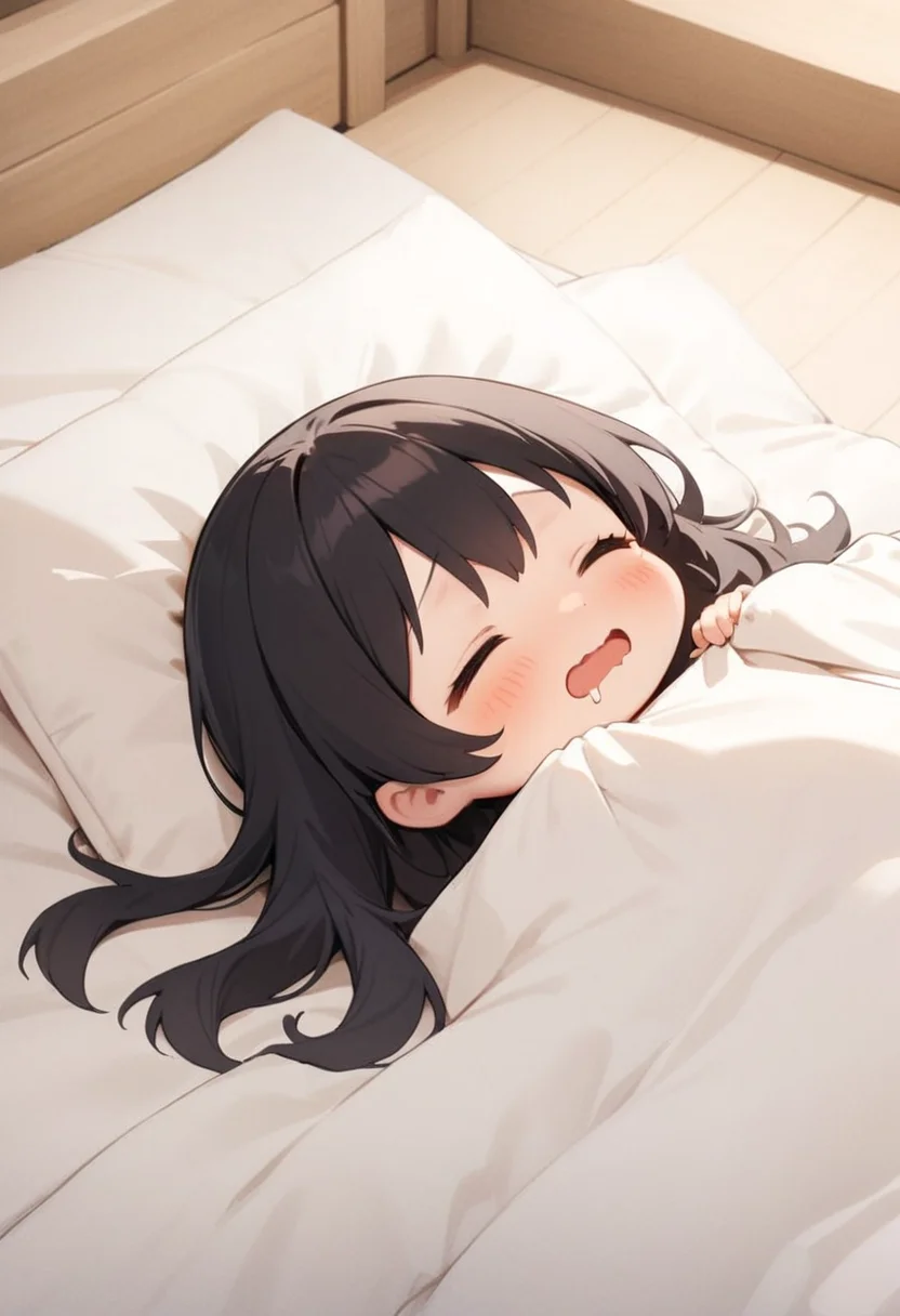 masterpiece, best quality, very aesthetic, absurdres,
1girl, chibi, solo, black hair, long hair, happy, embarrassed, drooling, wavy mouth,
futon, pillow, closed eyes, bed, sleeping, lying, under covers, blanket,
<lora:kakebuton_SDXL_V1:0.8>