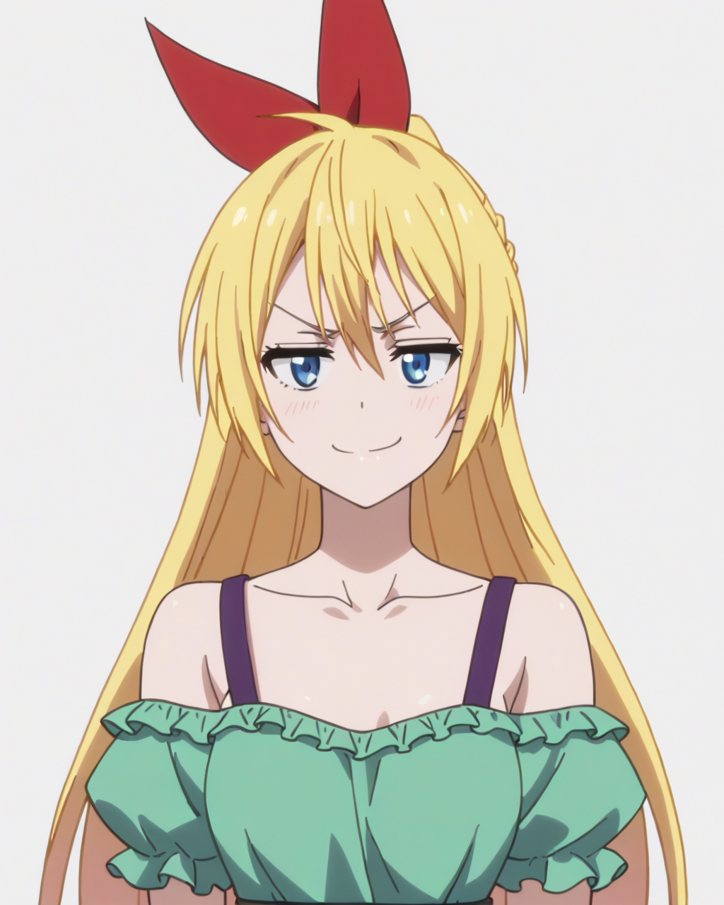 score_9, score_8_up, score_7_up, best quality, masterpiece, anime, anime screencap, anime coloring, looking at viewer, 1girl, solo, upper body, (simple background, solid white background:1.3), <lora:chitoge-nisekoi:0.8>, chitoge kirisaki, hair ribbon, green shirt, purple straps, strap slip, puffy sleeves, short sleeves, collarbone, smug, smirk