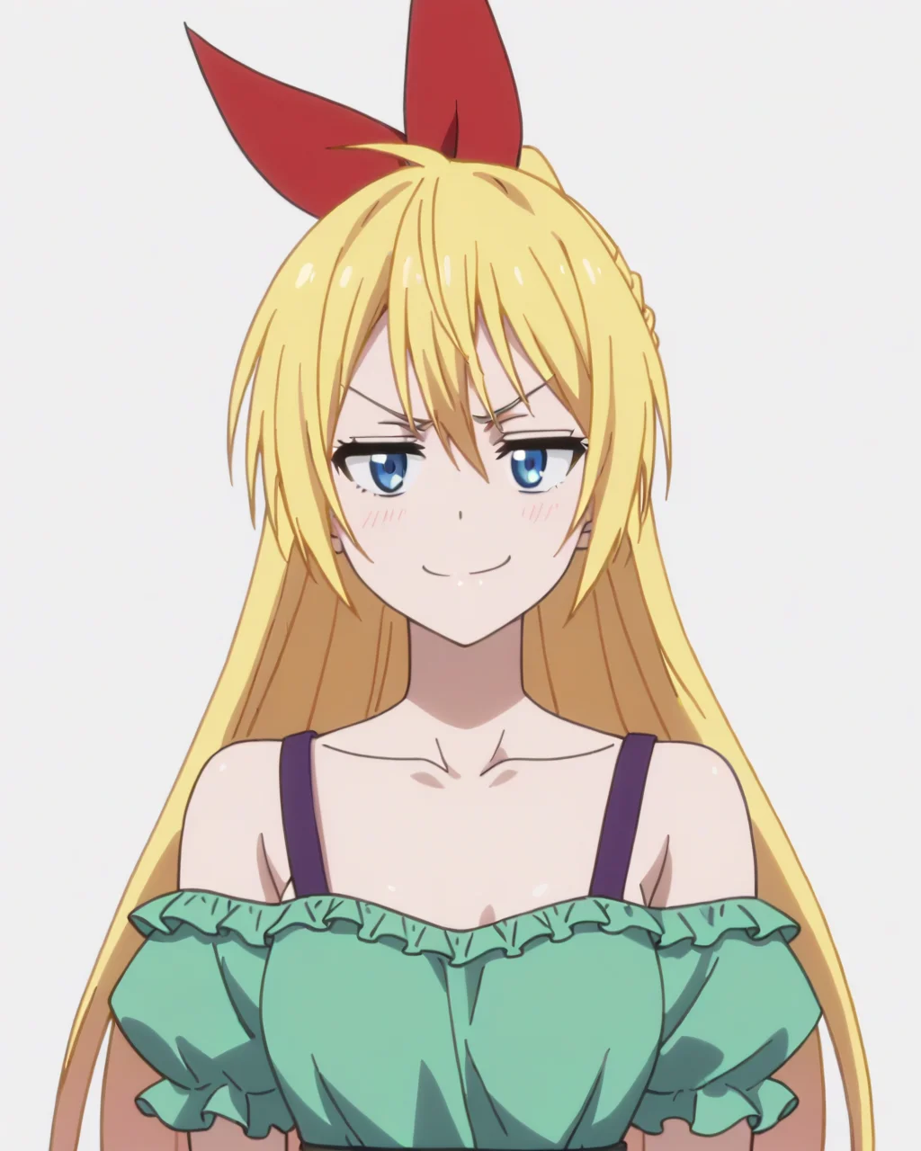 score_9, score_8_up, score_7_up, best quality, masterpiece, anime, anime screencap, anime coloring, looking at viewer, 1girl, solo, upper body, (simple background, solid white background:1.3), <lora:chitoge-nisekoi:0.8>, chitoge kirisaki, hair ribbon, green shirt, purple straps, strap slip, puffy sleeves, short sleeves, collarbone, smug, smirk