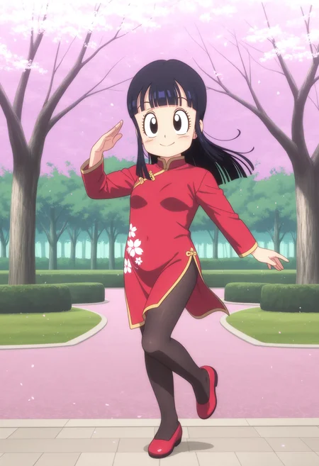 1girl, chi-chi \(dragon ball\), black hair, long hair, black eyes, red china dress, long sleeves, black pantyhose,
full body, dancing, dynamic pose, happy, outdoors, park, sakura, cherry blossoms, panorama, distant view,
masterpiece, best quality, ultra-detailed, very aesthetic, illustration, perfect composition, intricate details, absurdres, official art, official style, source_anime, anime screencap, anime coloring, newest, intricate, hires textures, high detail, 4k, incredibly detailed, perfect anatomy, UHD, 8K,
| <lora:DB-chichi(yawaniku)_XL(ill01)v10d:1>