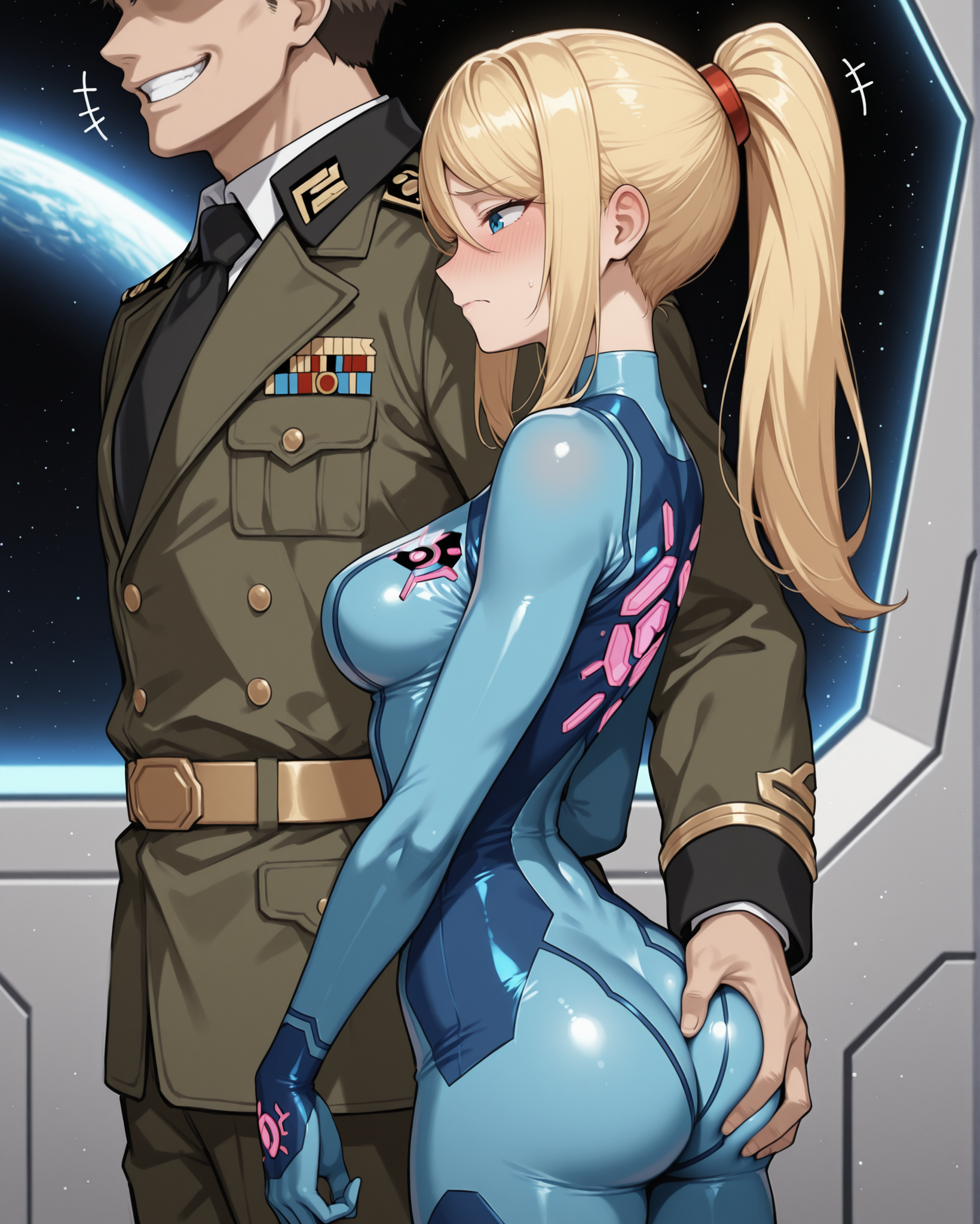 masterpiece, best quality, side_view_two_character, 1girl, samus aran, blonde hair, ponytail, from side, profile, medium breasts, embarrassed, hand on another's ass, ass grab, blue eyes,<lora:Side_view_two_character_hand_on_anothers_shoulderbreast_grabass_grabhand_on_anothers_waist_Illustrious:1>, female blush, laugh, female closed mouth, male grin, female bodysuit, male suit, male military uniform, indoor, spaceship, faceless male, female frown,