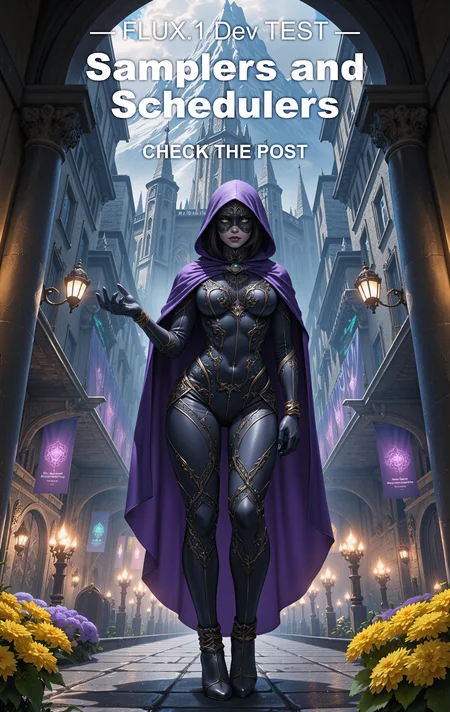 Majestic digital illustration of a fantasy world of might and magic, featuring a mysterious heroine with a masked face under a violet hood in a tight suit and violet cape on the streets of a fantasy city with yellow flowers and banners. Majestic mountains and a castle in the background. Mysterious gothic atmosphere. <lora:ck-shadow-circuit:0.5>