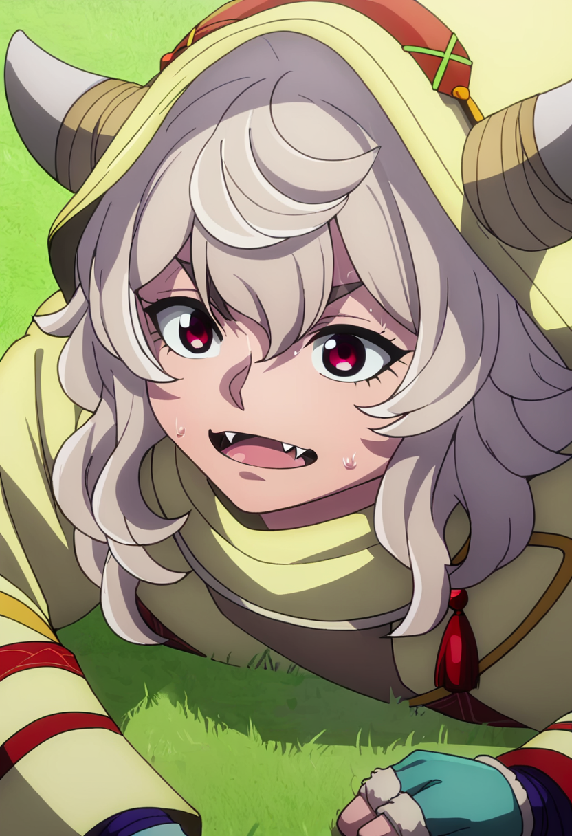 score_9,  <lora:Animalia:1> animalia, 1boy, animalia, bangs, close-up, fangs, gloves, grass, grey hair, hood, hood up, horns, long hair, solo, sweat