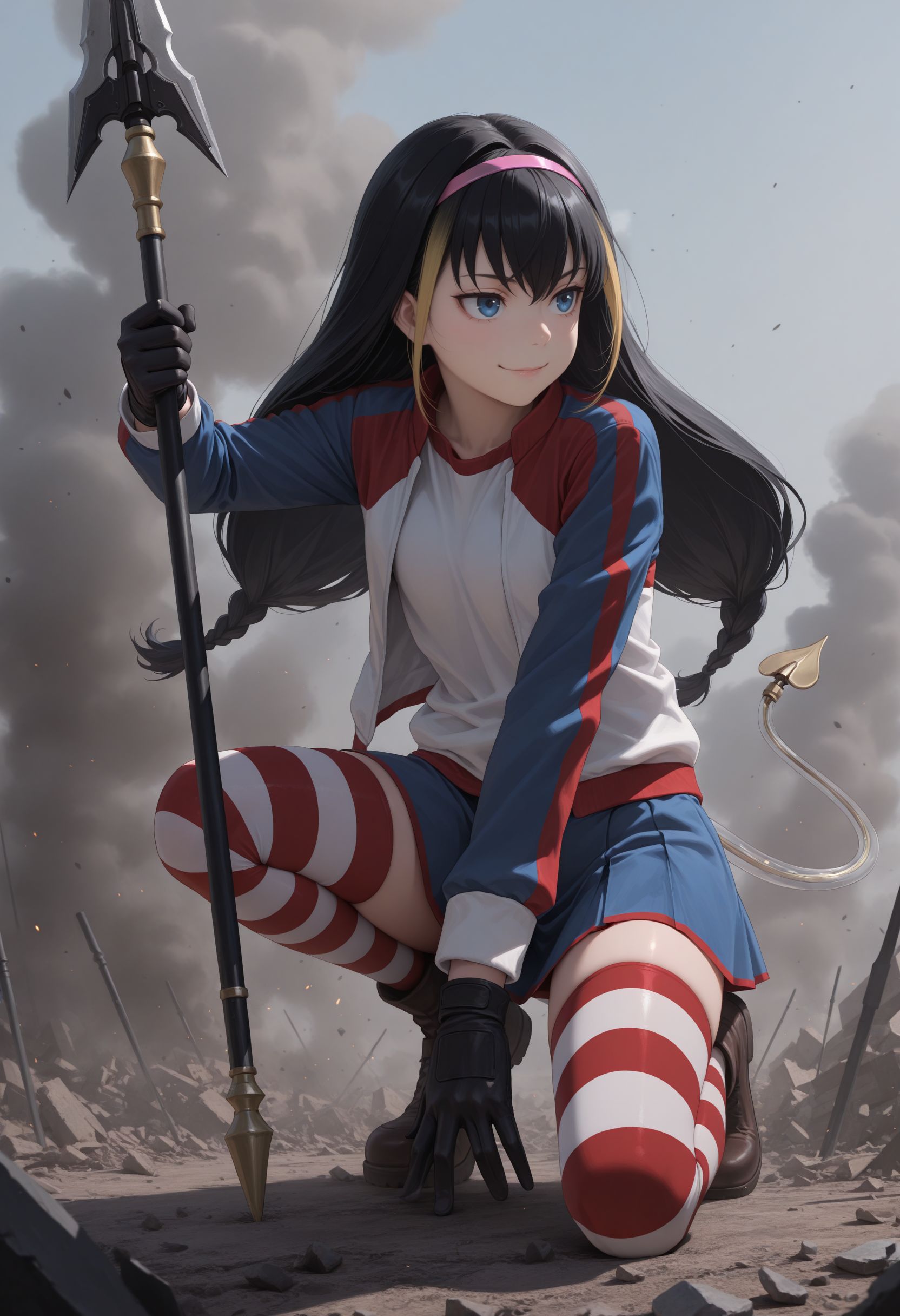 masterpiece,best quality,absurdres,highres,very aesthetic,high quality,detailed,insanely detailed,beautiful, solo, 1girl
smile, looking away, on one knee,,  outdoors, debris, smoke
<lora:Lessar illu:1> 1girl, black hair, multicolored hair, two-tone hair, long hair, twin braids, braid, pink hairband, blue eyes, jacket, multicolored clothes, striped clothes, black gloves, blue skirt, striped thighhighs, zettai ryouiki, mechanical tail, demon tail
, holding polearm, , holding weapon,