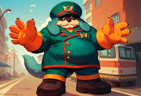 score_9, score_8_up, score_7_up, best quality, highest score
furry, anthro, conductor, solo, short, chubby, hat, waving, gloves, mustache, shiny uniform, yellow eyes, boots, tail, city streets
<lora:Ashendawger_Artist_Style_PonyXL:1>
