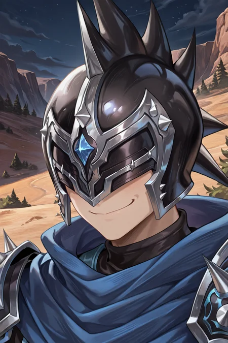 <lora:LeonIL:0.8> , LeDef, LeBK, 1boy, covered eyes, helmet, spikes, shoulder spikes, spiked armor, armor, black armor, black bodysuit, bodysuit under clothes, blue cape, (portrait, close-up), smug, smile, wasteland, exterior, night, masterpiece, very aesthetic, absurdres, best quality, amazing quality, high resolution, <lora:illustrious_quality_modifiers_masterpieces_v1:0.8> , <lora:ChamIllustriousBackgroundEnhancer:0.5>,