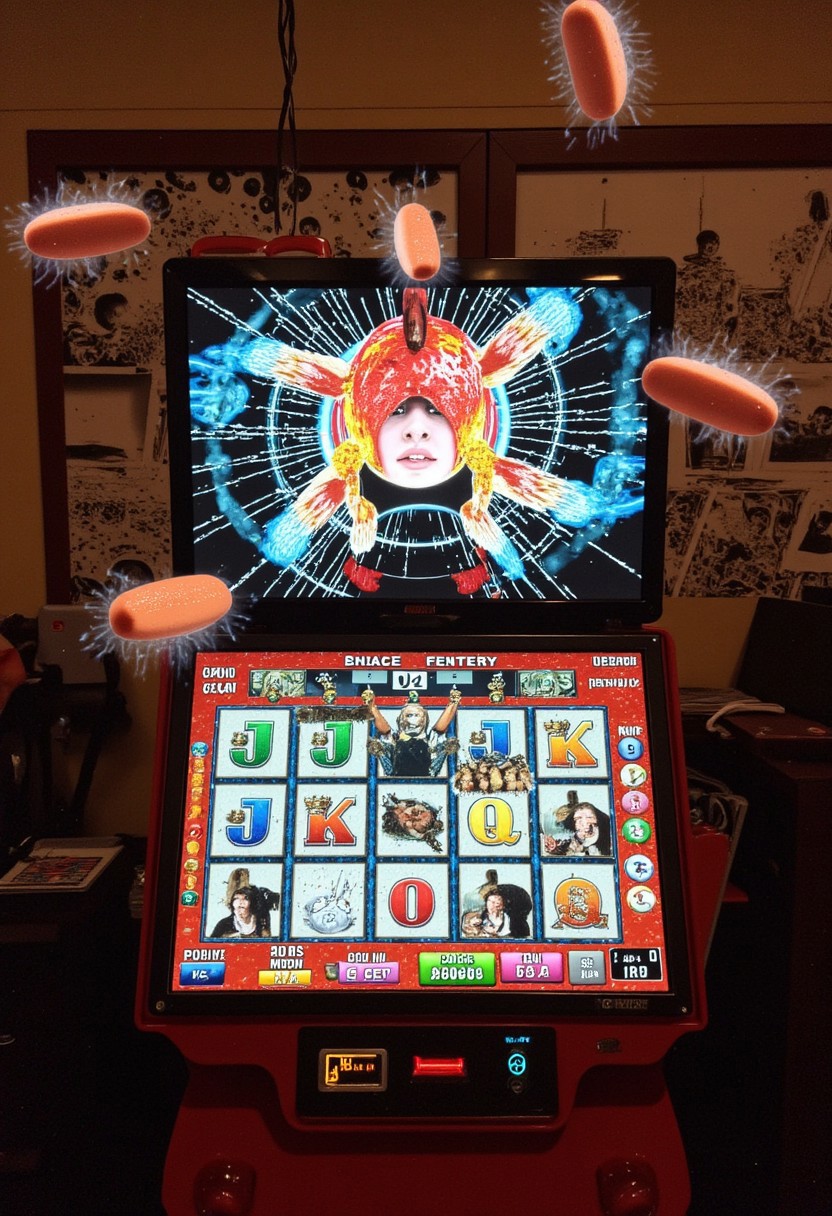 Slot machine graphics from front view . Disturbing scenes of addiction, people injecting drugs heroin, white powder, drinking alcohol smoking cigarettes. very strange surrealist style with holographic vortex featuring swirls of holotropic colour and glowing eyes wet distorted factory shot. On the television sets are glowing hands, with electricity coming off the finger tips. swirling around her head are holograms of  glyphs chaos magick symbols. the room has thick electricity cables and smoke is coming off them. large wet glistening slices of wet soggy ham and hot dogs are floating in the air, dripping gooey sauce combining mustard and blood, there are multiple wet hotdogs floating. on the wall in the background are photos of nuclear explosions