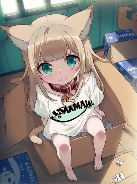 score_8_up, score_7_up, score_6_up, best quality, masterpiece, uncensored, by 40hara, source_anime
BREAK
1girl, solo, cat girl, cat tail, cat ears, solo, text on shirt, collar, sitting, blonde hair, topwear, looking at viewer, shirt, teal eyes, barefoot, inside the box, cardboard box, inner ear fluff, clothed, green eyes, :3, chibi
<lora:40hara_pony_v1:1>
