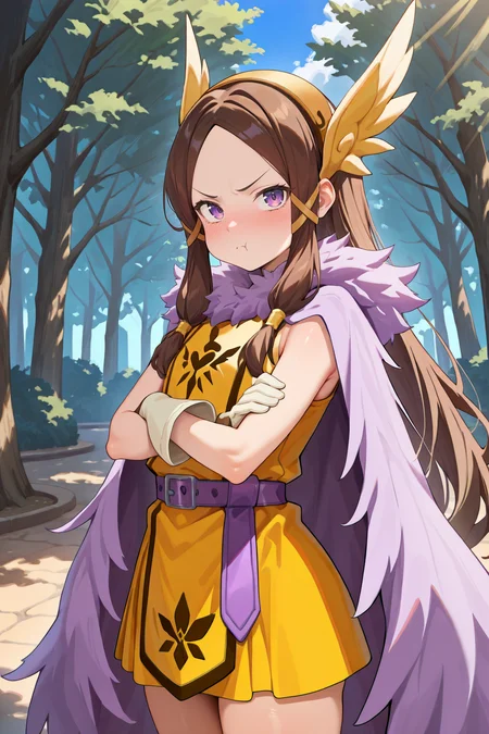 masterpiece, very aesthetic, absurdres, best quality, amazing quality, high resolution, newest, very awa, <lora:illustrious_quality_modifiers_masterpieces_v1:0.8> , <lora:ChamIllustriousBackgroundEnhancer:0.5>,  (solo),    <lora:ValkyrieYggdraIL:0.8> ,  valkdef, 1girl, purple eyes, brown hair, long hair, winged hairband, fur cloak, yellow tunic, purple belt, gloves, cowboy shot, day, heavenly aura, frown, looking at viewer, crossed arms, pout,