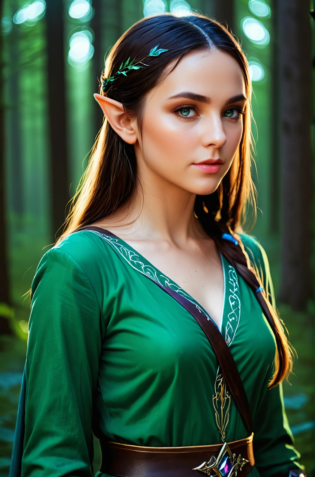 breathtaking female elf mage at night in the forest, atmospheric, cinematic, high detail, masterpiece <lora:S4ndr4_mm4:0.8> S4ndr4 . award-winning, professional, highly detailed
