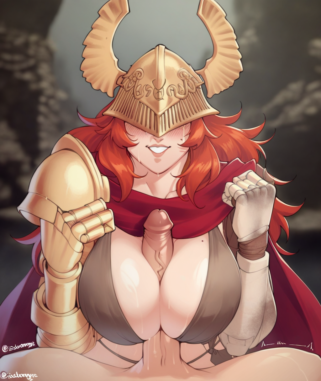 score_8_up. score_7_up, <lora:isabongos:1>,
 score_9, isabongos, 1girl, large breasts, perpendicular paizuri, malenia blade of miquella, 1boy, hetero, penis, prosthetic arm, red hair, winged helmet, long hair, prosthesis, single mechanical arm, mechanical arms, covered eyes, red cape, ring, cleavage, jewelry, blush, smile, dress, teeth