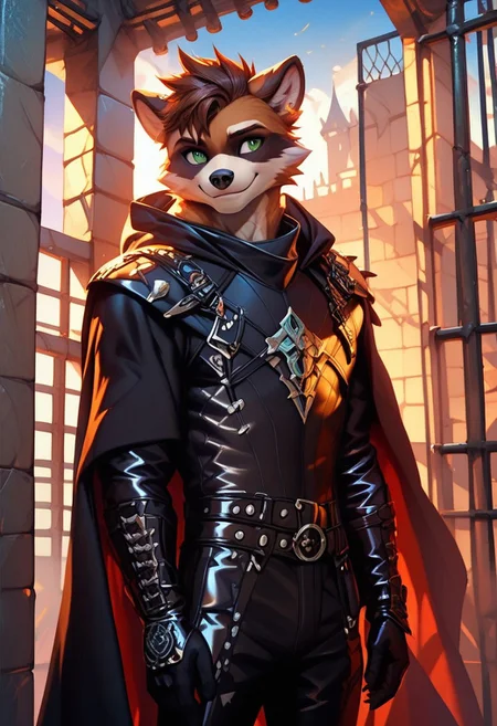 score_9, score_8_up, score_7_up,score_9, score_8_up, score_7_up, ((cowboy shot)), jail, standing, BREAK, ((High fantasy art style)), solo, male, anthro raccoon, black hooded cloak, (black leather breastplate), black leather greaves, black leather pauldrons, black leather boots, brown hair, ((detailed green eyes)), ((Masterpiece), (absurdres), (shadowy), (mysterious), smile, (looking away), (nervous)