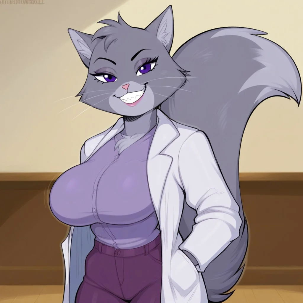 score_9, score_8_up, score_7_up, Expressiveh, masterpiece, best quality, highly detailed, realistic, zPDXL3, 1girl, solo, (CatYzma, furry, anthro, feline, female cat, grey body, grey fur, dark-purple eyes, pink nose, 3 whiskers, fluffy tail, evil smile, sharp teeth), closed mouth, looking at viewer, smile, bedroom eyes, ((classroom, hands in pockets, indoors, detailed background))), big breasts, covered breasts, voluptuous female, upper body, standing), ((lab coat, purple shirt, purple pants, clothed)), afbul
