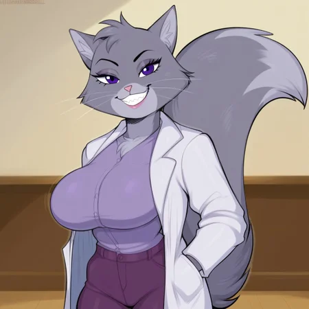 score_9, score_8_up, score_7_up, Expressiveh, masterpiece, best quality, highly detailed, realistic, zPDXL3, 1girl, solo, (CatYzma, furry, anthro, feline, female cat, grey body, grey fur, dark-purple eyes, pink nose, 3 whiskers, fluffy tail, evil smile, sharp teeth), closed mouth, looking at viewer, smile, bedroom eyes, ((classroom, hands in pockets, indoors, detailed background))), big breasts, covered breasts, voluptuous female, upper body, standing), ((lab coat, purple shirt, purple pants, clothed)), afbul
