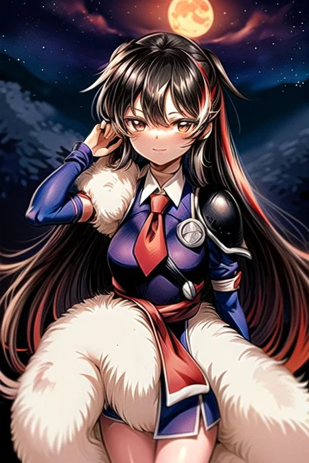 best quality 1girl Setsun4 solo long hair, (night time) forest background black hair very long hair purple eyes multicolored hair armor, small, (fur trim) (medium body),<lora:EMS-179-EMS:0.800000>,<lora:EMS-293862-EMS:0.800000> bow, hair_bow, hair_tubes, red_bow, brown_hair, long_hair, bangs, ascot, frilled_bow, yellow_ascot, blush, smile, hair_between_eyes, athletic, armor, miko, strengthmda, Smiling, happy, helmet