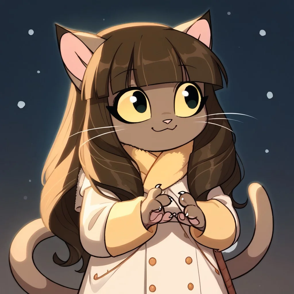 score_9_up, score_8_up, score_7_up, dynamic pose, 1girl, solo, ivy, brown long hair, braids, blunt bangs, black eyes, colored sclera, yellow sclera, no human, furry, brown furr, cat ears, child, tail, <lora:Viking's Cute Style:1>, Cute, long white coat, winter coat, winter scarf, joined hands, wide smile, BREAK, ruanyi0732,snowing, plain background