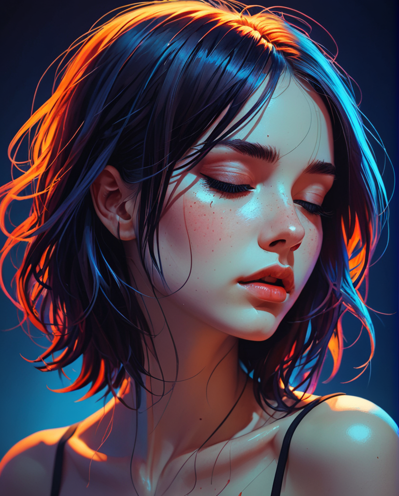 Drawing, full-body portrait of a woman, (Anna Dittmann, Ilya Kuvshinov), punk style, half profile, bright colors, face silhouette, closed eyes, long loose hair, disheveled hair, strands of hair on the face, lowered head , ecstasy, sensuality, sexuality, perspiration, (angle from the ground), (very high contrast), silhouette, intricate neon background, backlighting