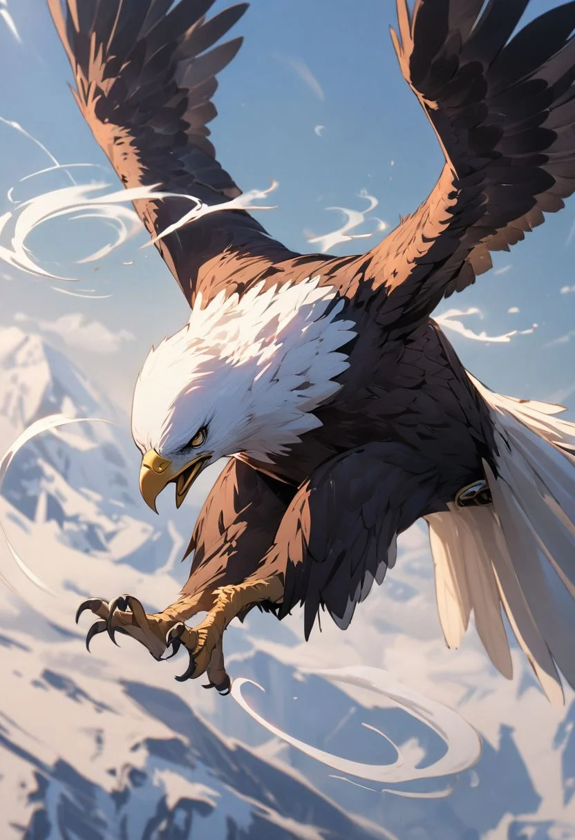 beautiful eagle flying, swirling air, masterpiece