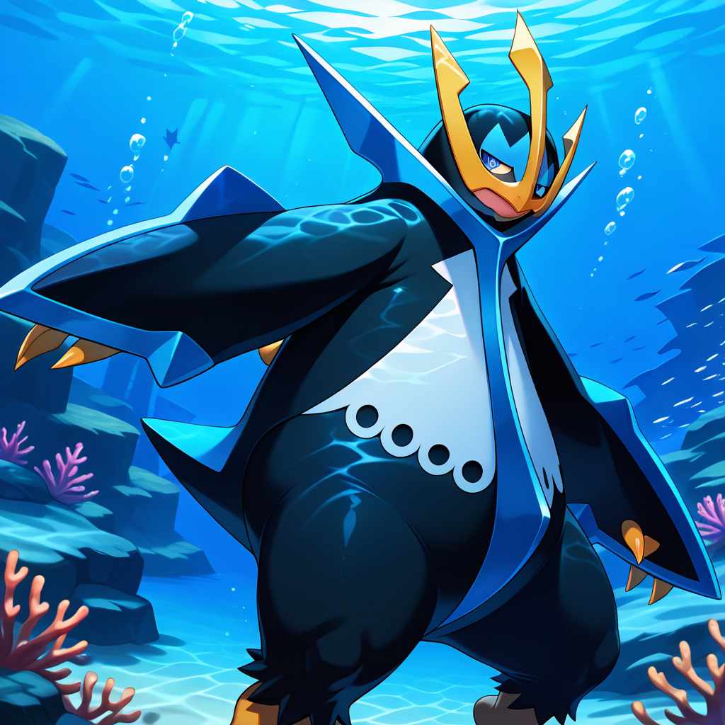 vibrant, detailed, detailed background, amazing quality, highres, absurdres, newest, <lora:empoleon-illus-14:1> pempo, pinguin_boy, (solo), (empoleon), swimming, underwater, lying, other focus, feet out of frame,