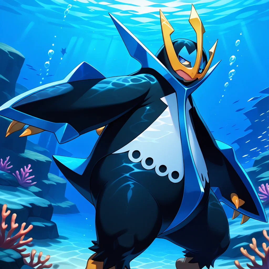 vibrant, detailed, detailed background, amazing quality, highres, absurdres, newest, <lora:empoleon-illus-14:1> pempo, pinguin_boy, (solo), (empoleon), swimming, underwater, lying, other focus, feet out of frame,