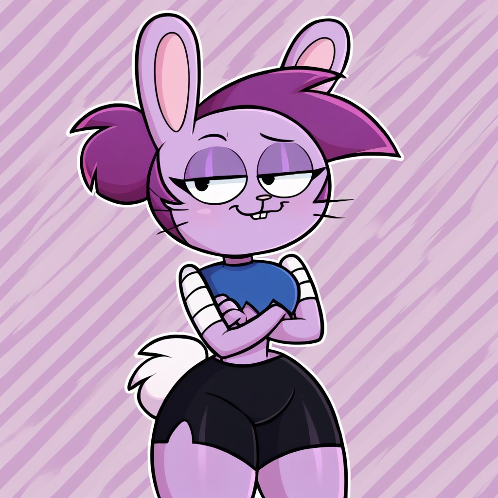 score_9, 1girl, solo, bunny enid, lavender fur, purple hair, blue crop top, upper arm wraps, black shorts, smug face, pattern background, arms crossed