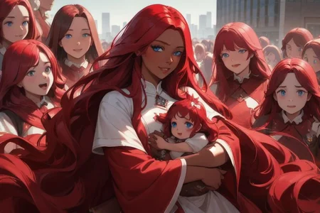 (masterpiece, best quality:1.5), (ultra realistic:1.5), (8k uhd, very high quality:1.5), (extremely detailed face:1.5), (dark skin mother holding her infant girl and surrounded by an endless amount of her young children:1.5), (everyone has long ruby red hair:1.5), (everyone smiling and happy:1.5), (everyone has bright blue eyes:1.5), (the woman is surrounded by endless amounts of her young children that fill the entire background:1.5), (the woman is surrounded by an endless amount of her young children that fill the entire background:1.5), (everyone has long ruby red hair:1.5), (city background:1.5)