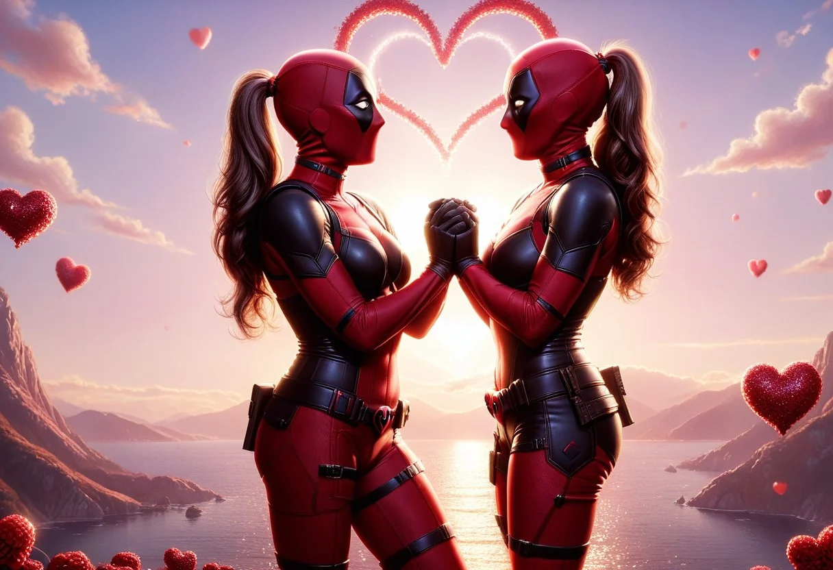 a highly detailed digital pastel painting of ((lady deadpool proposing to lady deadpool, ral-vltne style, hearts in the air, love)), sexy, cute butt, mid shot, sunlight reflecting, close-up, intricate, volumetric lighting, masterpiece, best quality