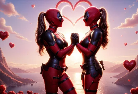 a highly detailed digital pastel painting of ((lady deadpool proposing to lady deadpool, ral-vltne style, hearts in the air, love)), sexy, cute butt, mid shot, sunlight reflecting, close-up, intricate, volumetric lighting, masterpiece, best quality
