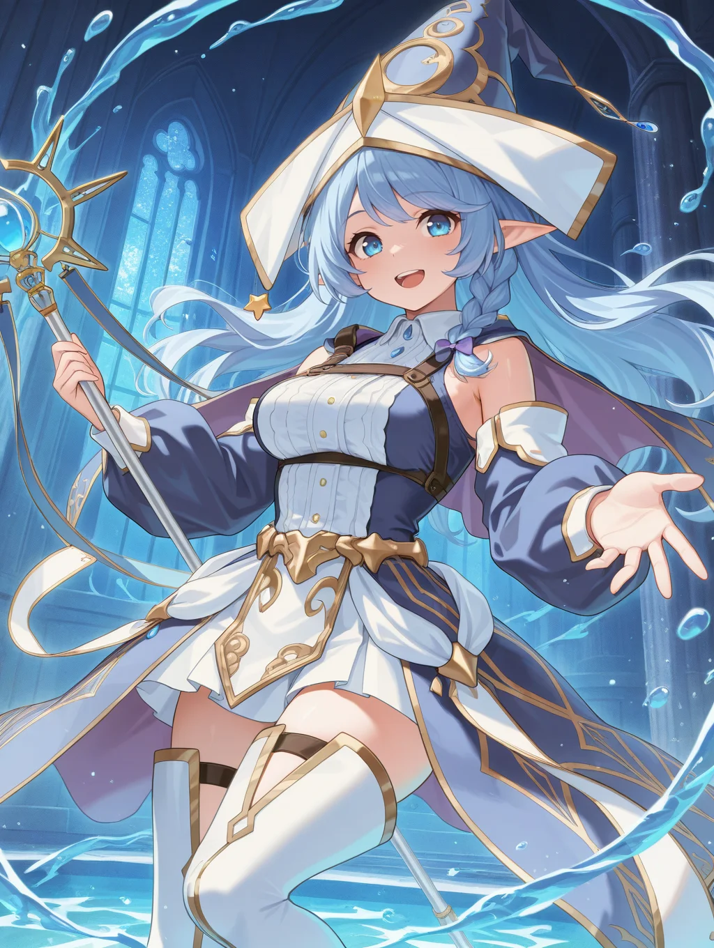 water enchantress of the temple, blue witch hat, witch dress, blue detached sleeves, white thighhighs, 1girl, staff, holding staff, glowing, solo, open mouth, motion lines, smile, looking at viewer, water
masterpiece,best quality,amazing quality,very aesthetic,absurdres,newest,<lora:Water Enchantress of the temple illuXL v1.1:0.7>,