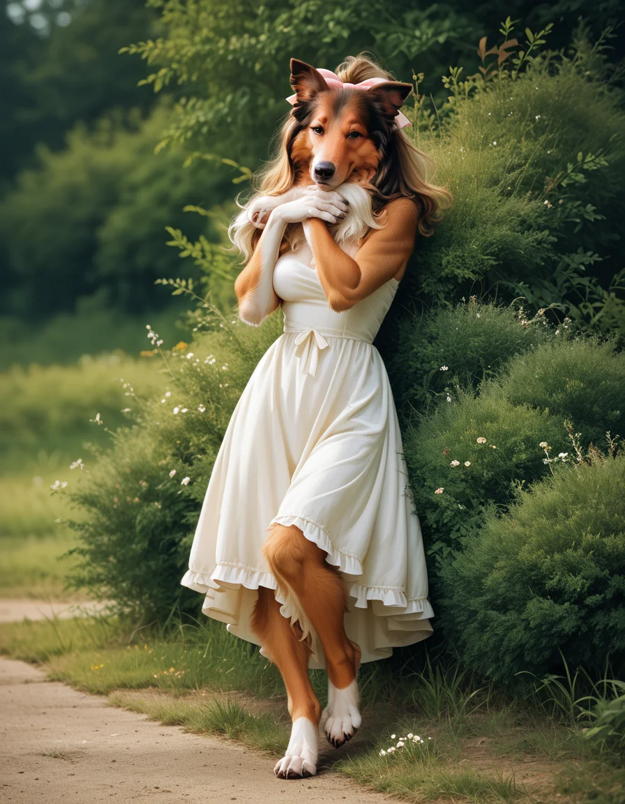 score_9, score_8_up, score_7_up, score_6_up, score_5_up, score_4_up, hud_c0llie_can1ne, solo, dog, furry, breasts, dress, hairbow, <lora:collie:0.8>, outdoors, full body, leg lock
