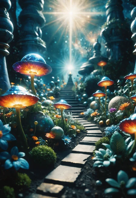 Focus on Ê¼nix and a journey towards enlightenment in the cosmos, this narrative explores religious symbolism as it unfolds from cosmic perspective with bold imagery that captures their spiritual fervor. Drawing inspiration off of biblical tales like 'The Garden,' Norse mythology <lora:Wizz:0.69>, 2000s vintage RAW photo, photorealistic, film grain, candid camera, color graded cinematic, eye catchlights, atmospheric lighting, natural, shallow dof, High level of detail to create a photographic-like image, focusing on lighting, realistic textures, hyperdetailed.