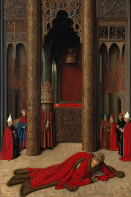 <lora:Jan van Eyck Style:1>Jan van Eyck Style - Jan van eyck style painting of a man laying prostrate in front of a king