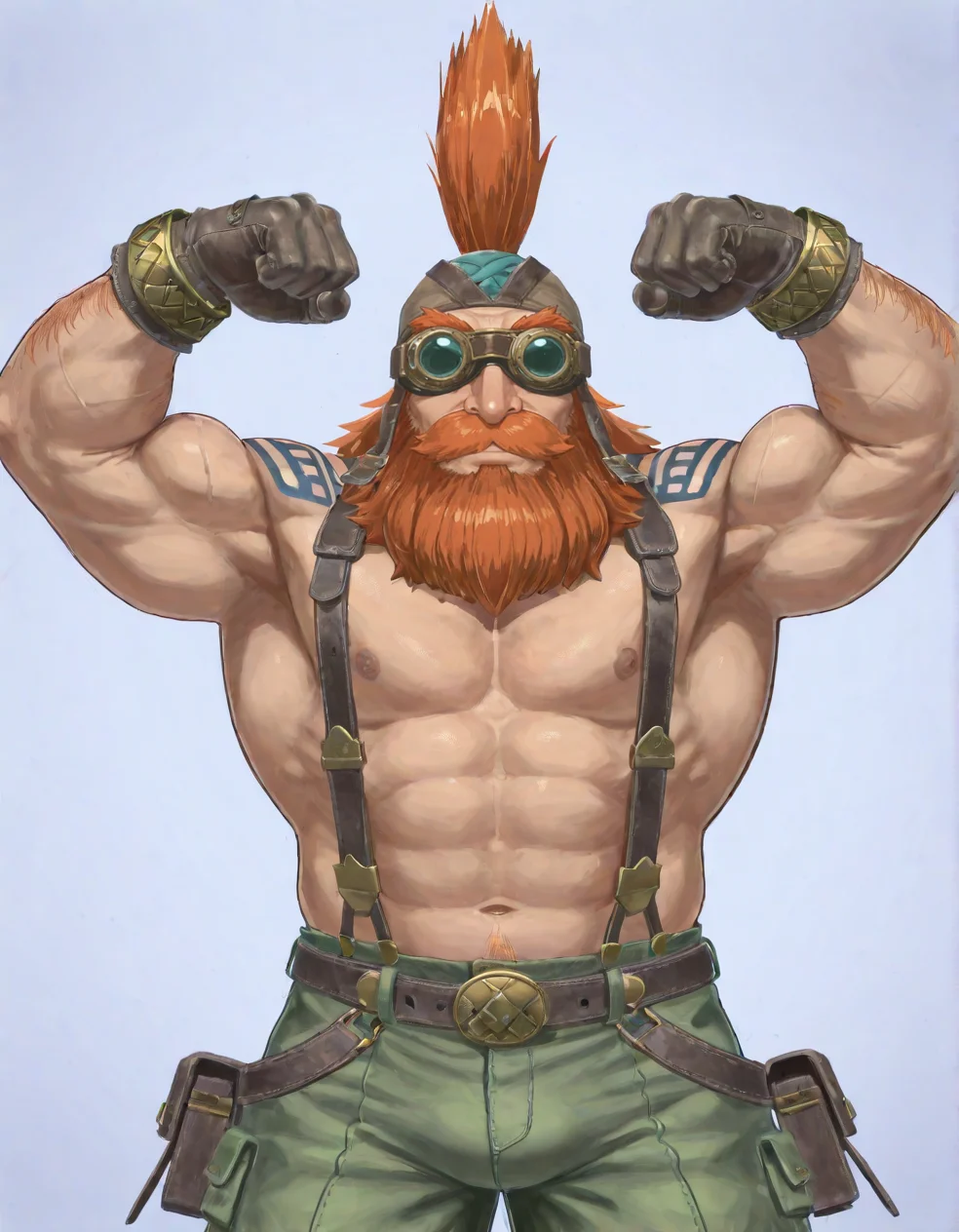 (2D,masterpiece,best quality,amazing quality,very aesthetic,high resolution,looking at viewer,ultra-detailed,solo,source_anime,cute,lovely,Simple background,Cowboy Shot),  Malakai Makaisson,gloves,(wear goggles:1.2),suspenders,bodybuilder,double biceps pose,tattoo,brown cap,bracelet,belt,green pants,Beard,Mustache,orange_hair,<lora:Malakai_Makaisson:1>