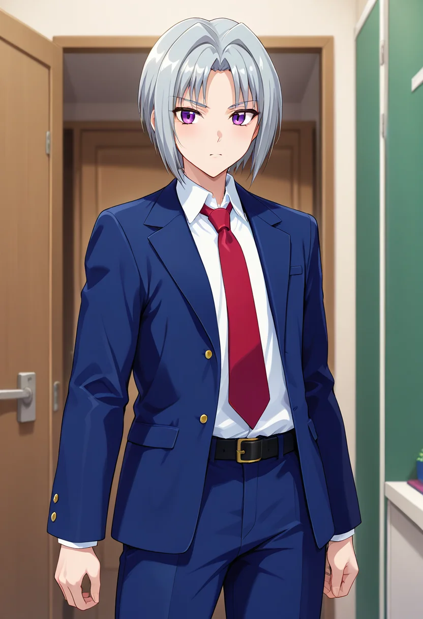 masterpiece, best quality, amazing quality, absurdres, 1boy, solo, akiraww, androgynous, purple eyes, grey hair, short hair, parted bangs, flat chest, red necktie, open jacket, blazer, blue jacket, white collared shirt, long sleeves, blue pants, skindentation, detailed clothing folds, depth of field, sharp, high contrast, dynamic light <lora:Aihara_Shouko_Gakuen_Saimin_Reido_ill:0.8>
