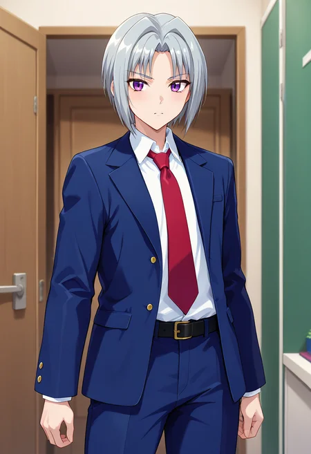 masterpiece, best quality, amazing quality, absurdres, 1boy, solo, akiraww, androgynous, purple eyes, grey hair, short hair, parted bangs, flat chest, red necktie, open jacket, blazer, blue jacket, white collared shirt, long sleeves, blue pants, skindentation, detailed clothing folds, depth of field, sharp, high contrast, dynamic light <lora:Aihara_Shouko_Gakuen_Saimin_Reido_ill:0.8>