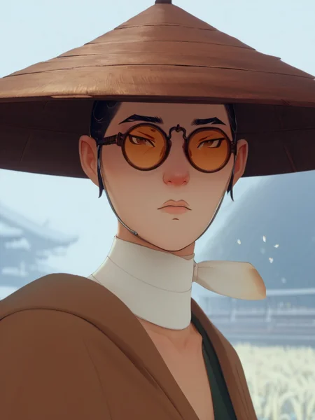 A stunning intricate full color portrait of Mizu, glasses, man, wearing a plain brown dress, rice hat, epic character composition,by ilya kuvshinov, alessio albi, nina masic,sharp focus, natural lighting, subsurface scattering, f2, 35mm, film grain <lora:BlueEyeSamurai:1>