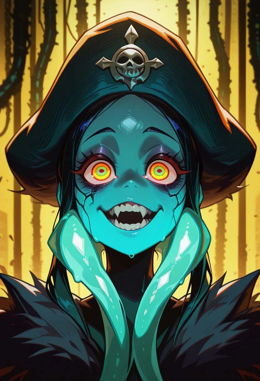 Mevak_PS, masterpiece, best quality, amazing quality, very aesthetic, high resolution, ultra-detailed, extremely detailed eyes, detailed face, absurdres, newest, best illumination, depth of field, complex background, detailed background, (masterpiece:1.1), (highest quality:1.1), a creepy looking ((silhuette)) with ((aqua gas flowing)) from their glowing eyes, with a yellow-orange background, teal, a character portrait, vanitas, (crazy), (eyes looking up:0.7)